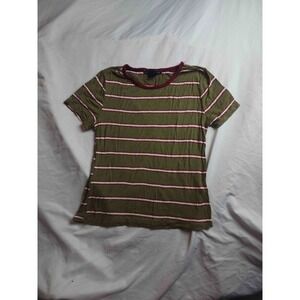 Como Black Shirt Top Womens Small Green White Striped Short Sleeve Crew Neck Tee